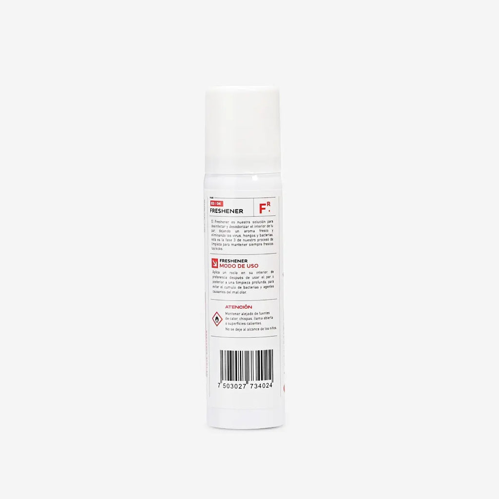 Reverso del desodorante para tenis FRESHENER con modo de uso
