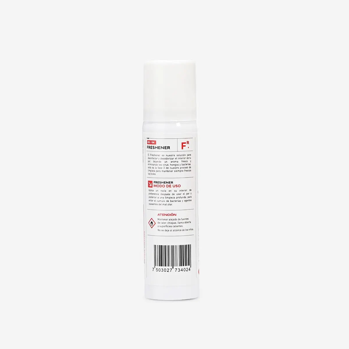 Reverso del desodorante para tenis FRESHENER con modo de uso