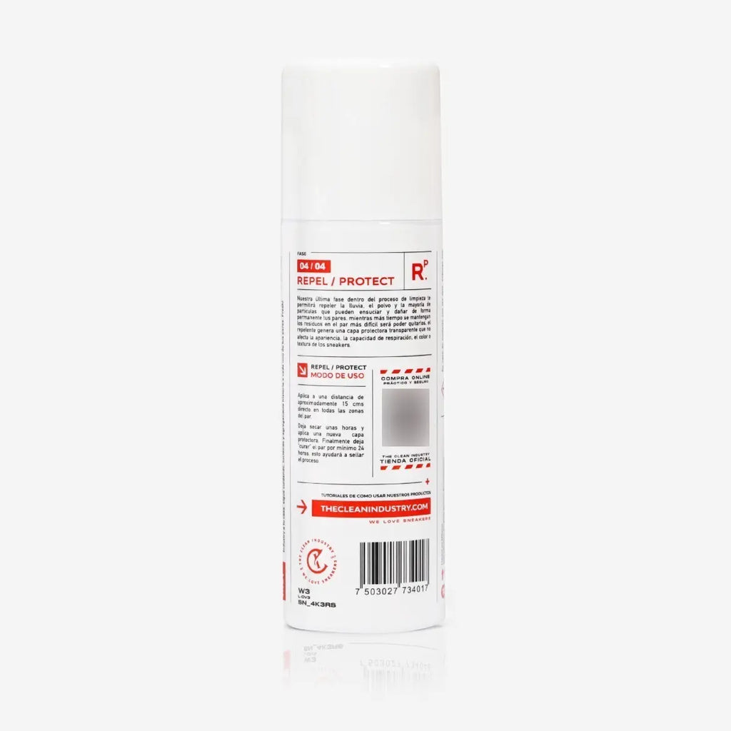 Reverso del repelente para tenis REPEL / PROTECT con modo de uso